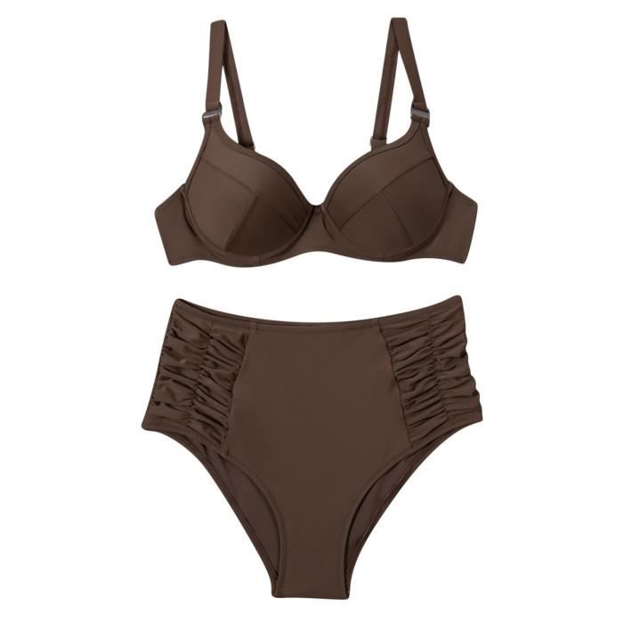 Bikini 2 Pièces Femme Couleur Unie Avec Shorty - Maillot De Bain Gainant Ventre Plat, Col En V - Tissu Polyester-élasthanne