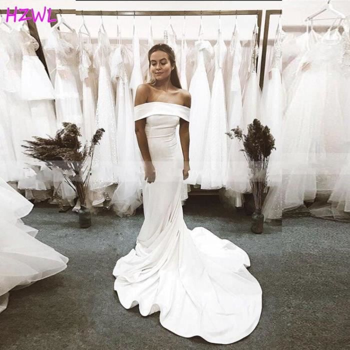 Robe de mariee sirene Simple longue epaules denudees col bateau balayage du dos avec traine sur mesure 2021 Blanc Cdiscount Pret a Porter