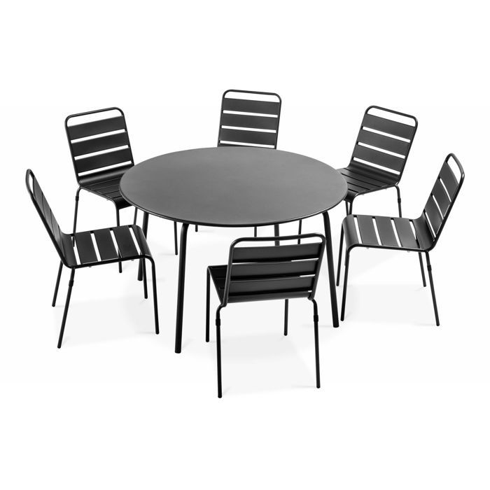 Ensemble table de jardin ronde et 6 chaises en métal anthracite Palavas Oviala