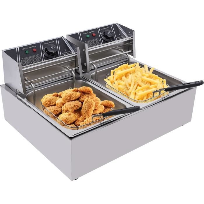 Friteuse Électrique Double Cuve 12L – 5000W, Température Réglable 60-200°C, 2 Paniers Indépendants, Grande Capacité