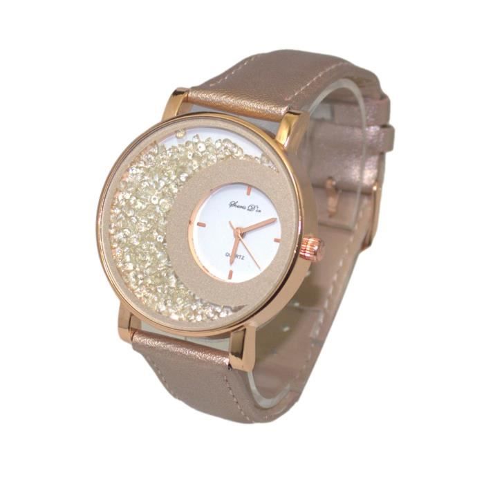 montre femme cristal strass argenté silver bracelet cuir beige collection stardust