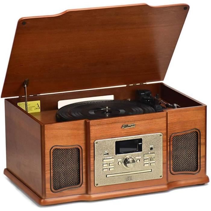 Platine Vinyle Rétro SHUMAN Bluetooth - 3 Vitesses (33/45/78 Tr/min) - Enregistrement USB, Sortie RCA - En Chêne, Design Vintage - 1