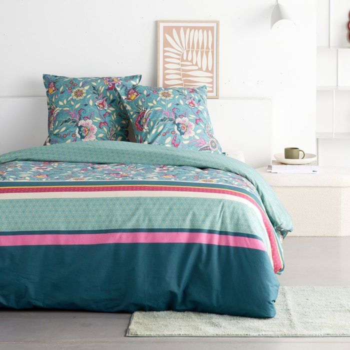 Parure de Lit - 240 x 220 cm - Coton Imprimé Floral Bleu - TODAY SUNSHINE
