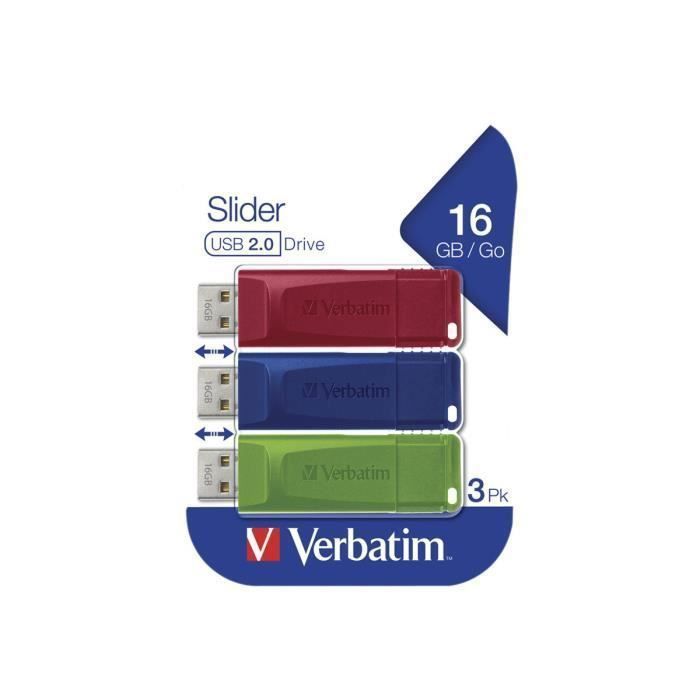 Verbatim Slider Clé USB 16 Go USB 2.0 bleu, rouge, vert (pack de 3)