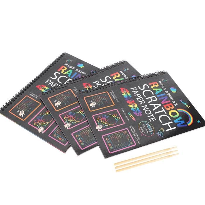 Bloc-notes à gratter arc-en-ciel (3-12 ans) – 12 feuilles d’arts et loisirs créatifs, kit de dessin coloré pour anniversaire, Noël et Pâques