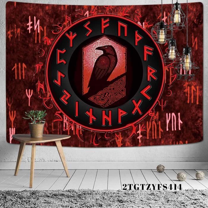 Tapisserie Murale Viking Rune Corbeau - Tenture Boho Pour Chambre, Salon, Plage Ou Pique-Nique
