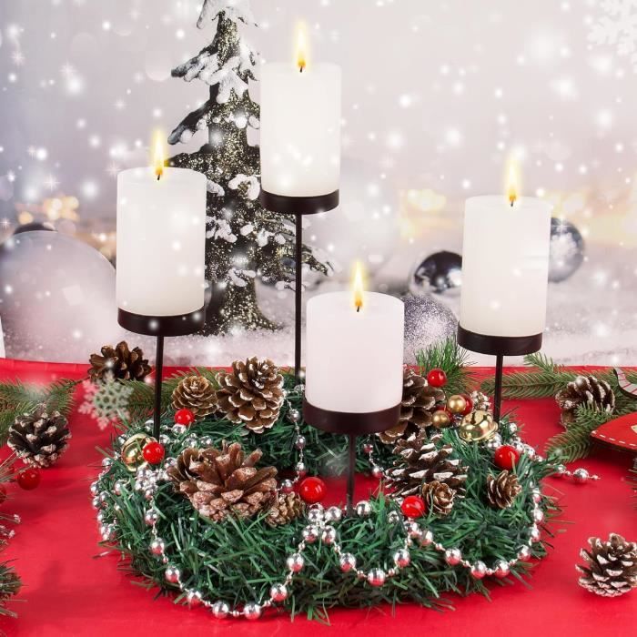 Couronne De L'Avent Bougeoir De Noël - Support Pour 4 Bougies Chauffe-plat, Plateau Bois Et Décorations Métal (élan, Sapin)
