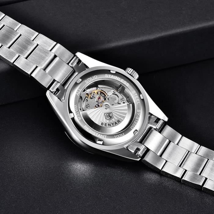 Montre BENYAR Automatique Pour Homme - Cadran Noir - Bracelet Acier - Étanche 100m
