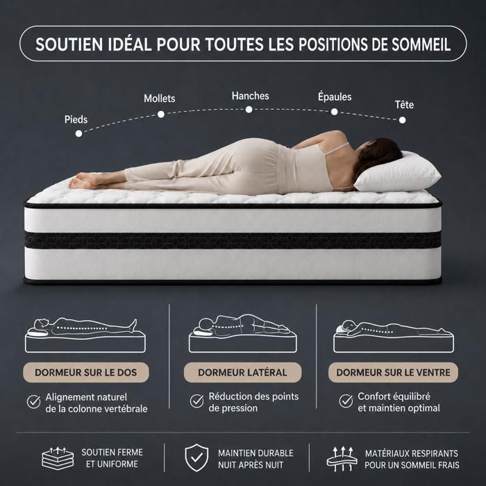 Matelas 140x190 cm, Ép 26cm, H3 Fermeté Moyenne, Durable, 10 Zones Soutien Parfait, Respirant, Anti-Acariens, Ressorts Ensachés - Maison Matelas 140x190 cm, Ép 26cm, H3 Fermeté Moyenne, Durable, 10 Zones Soutien Parfait, Respirant, Anti-Acariens, Ressorts Ensachés - Maison