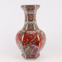 Fine Asianliving Chinese Vase Flowers Birds Red D19 x H 32 cm