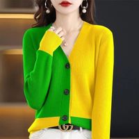 Gilet Cardigan Femme,Cardigan tricoté à col en v pour femme,pull-over décontracté,couleur épissée,vêtements pour - green yellow
