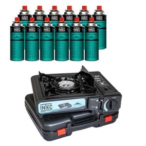 Eurocatch Réchaud à Gaz Camping - 2500W - Allumage Piézo - Mallette Transport - Inclut 8 Cartouches Gaz