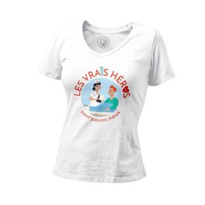 T-SHIRT T-shirt Femme Col V Les Vrais Héros - Infirmière Auxiliaire Métier