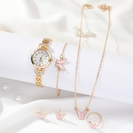 Ensemble collier papillon goutte d'huile collier bracelet boucles d'oreilles pour femme perle métal doré chaîne réglable ras du cou alliage cadeau fille