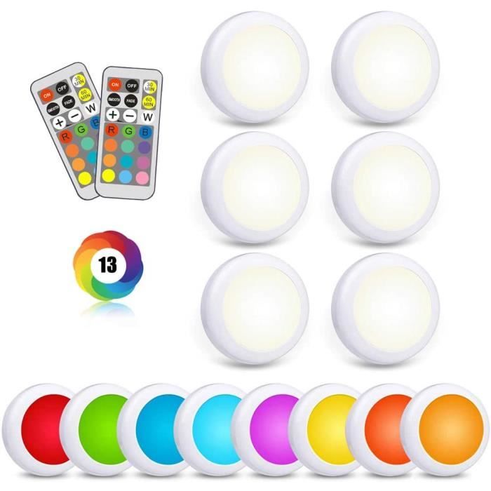 Spot Led Sans Fil a Pile Autocollant 6 Pièces Dimmable Lampe Placard RGB Led avec Telecommande Eclairage Etagere Couleur Petite Lumiere Vitrine Led Cuisine Sous Meuble Sans Fil Applique Murale a Pile 