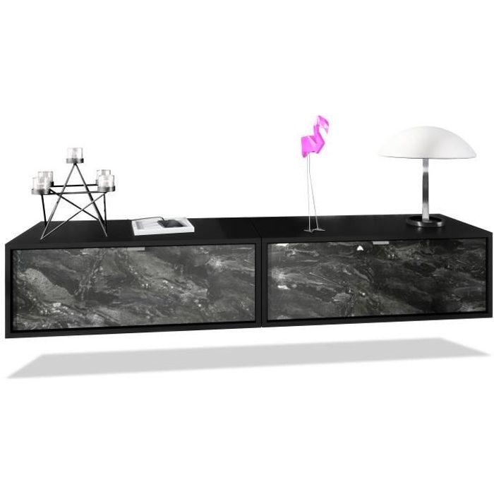 Ensemble de 2 set meuble TV Lana 80 armoire murale lowboard 80 x 29 x 37 cm, caisson en noir mat, façades en Marbre Graphite