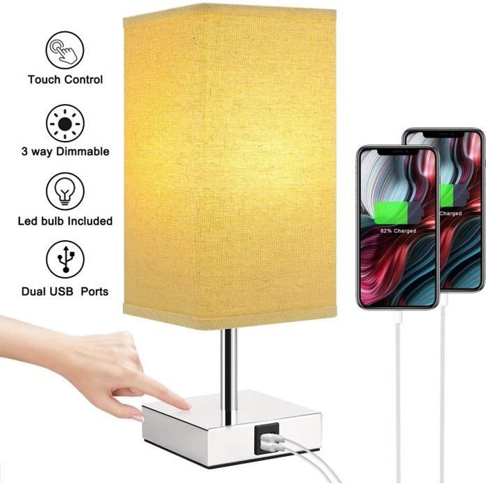 Kakanuo Lampe de chevet Tactile, Lampe de Table Dimmable,avec LED E27 5W et 2 Ports de Charge USB Utiles, Lampe de Chevet Moderne po