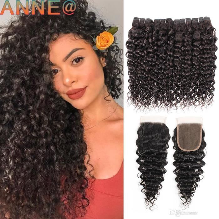 4 tissage Brésilien Water Curly Hair With 4*4 Closure-Free Part 100% Human Hair Extensions de cheveux 14-16-18-20-+-16-