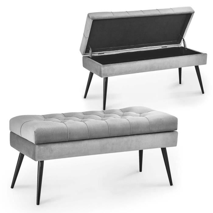 KALINDA - Bout de lit - banquette coffre en velours gris capitonné