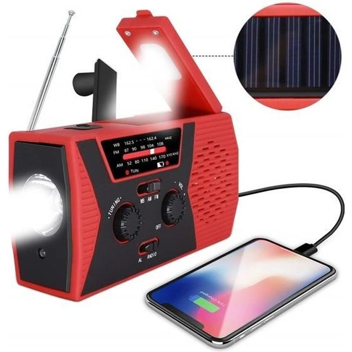 Radio portable à manivelle solaire de secours + lampe de poche à LED + lampe de lecture + 2000mAh, alimentation mobile