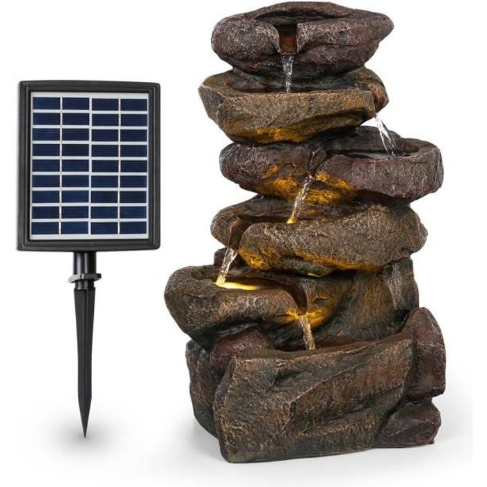 Blumfeldt Savona Fontaine solaire de jardin en polyrésine - Panneau 9V - Batterie autonome 5h - Eclairage LED - Aspect pierre