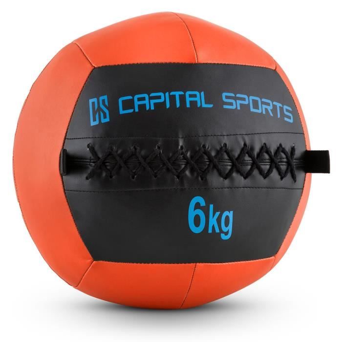 CAPITAL SPORTS Wallba - Medecine ball cuir synthétique pour exercices core & entrainement fitness, cross-training, muscu, MMA- 6kg
