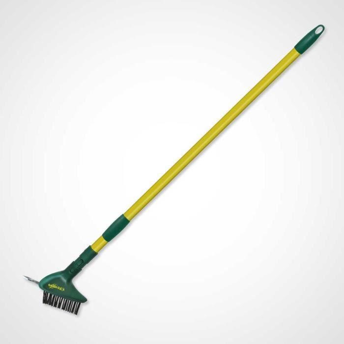 Brosse à joints de dallage GARDIREX, avec crochet grattoir, manche télescopique, pour désincruster sans effort, sans s'abaisser
