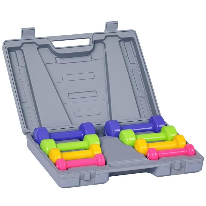 Ensemble d'haltères courtes total 10 Kg - paires de 0,5-1-1,5-2 Kg - entraînement musculaire & haltérophilie - métal PU multicolore