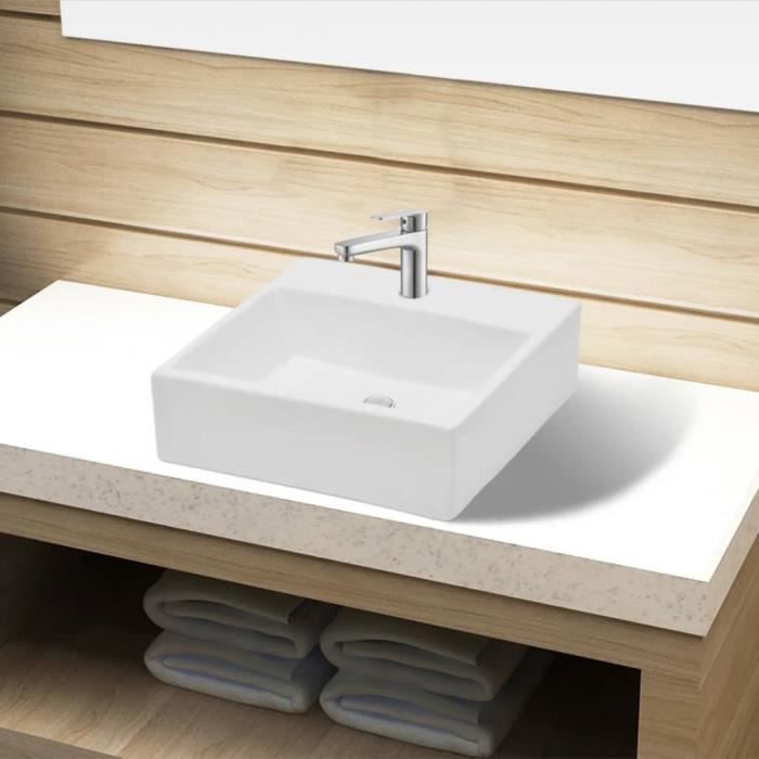 Magnifique Luxueuse Lavabo Vasque à Poser Éviers et lavabos pour salle de bain carré à trou pour robinet Céramique Blanc