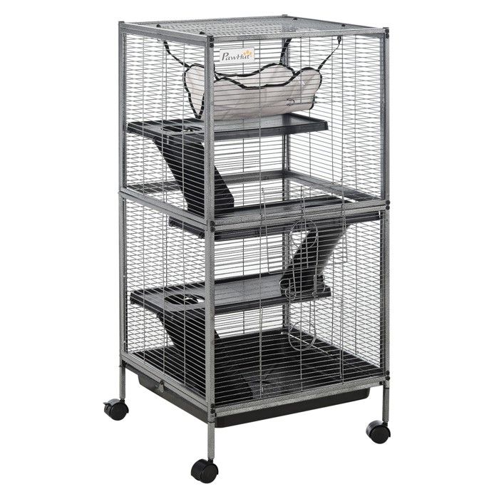 Cage pour Petits Animaux Portable avec 2 Portes Hamac Métal PP 52 x 52 x 113,5 cm Gris 52x52x114cm
