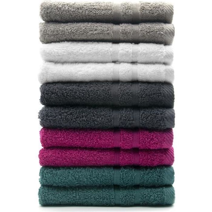 TODAY Lot de 10 Serviettes de toilette assorties - 5 coloris - 50 x 100 cm - 100% coton