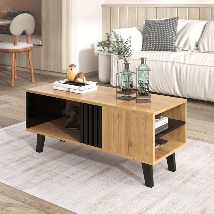 Table Basse Rangement Polyvalent -Table dappoint élégante - 100x60x53cm - Table de Salon - Design en Bois Coloré et Noir