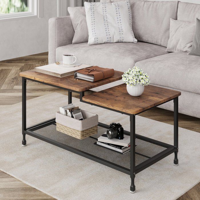 Table basse - Industrielle - 100x50x48cm - Bois massif - Brun rustique - 2 étagères