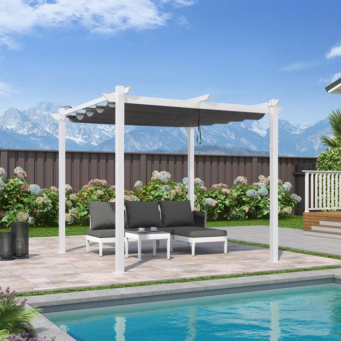 Pergola Aluminium 3 x 3 m Tissu Teint en Fil Pergola pour Terrasse Extérieur Toit Coulissante cadre BlancGris PURPLE LEAF