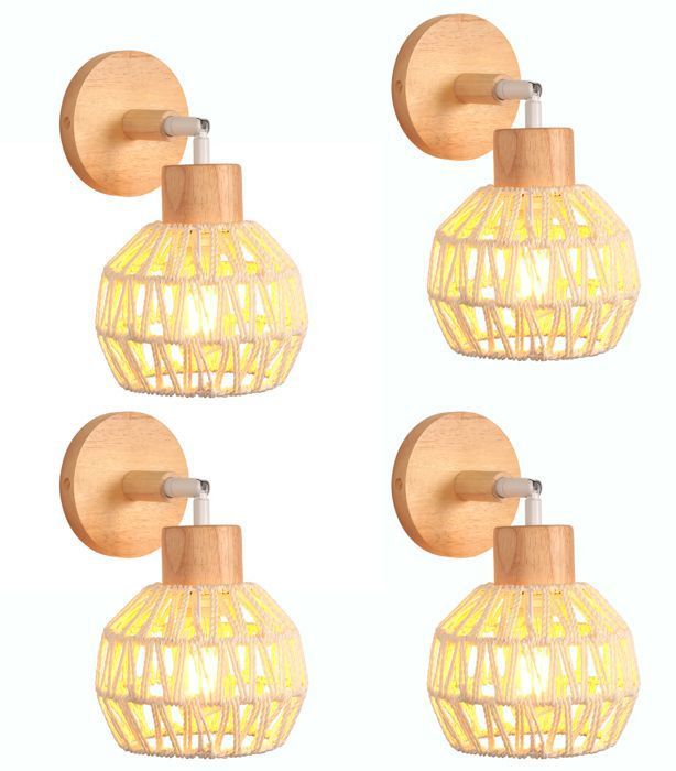 iDEGU 4pcs Lampe Murale Intérieur Industriel Applique Murale Vintage en Bois Rotin Blanc Plafonnier Rétro pour Salon Chambre iDEGU 4pcs Lampe Murale Intérieur Industriel Applique Murale Vintage en Bois Rotin Blanc Plafonnier Rétro pour Salon Chambre