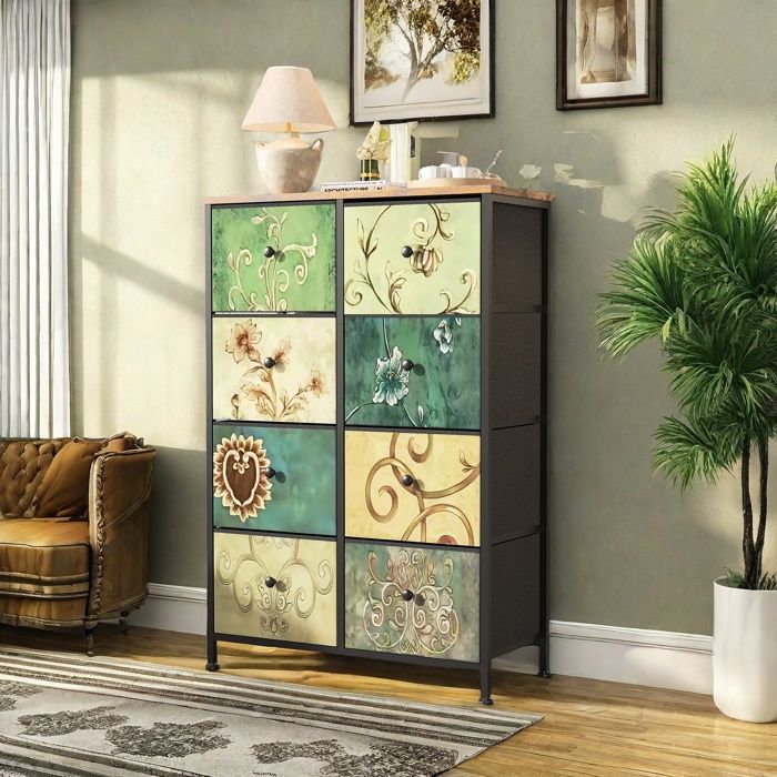 Commode haute à 8 tiroirs meuble de rangement vintage commode pour chambre à coucher imprimée armoire à tiroirs en bois