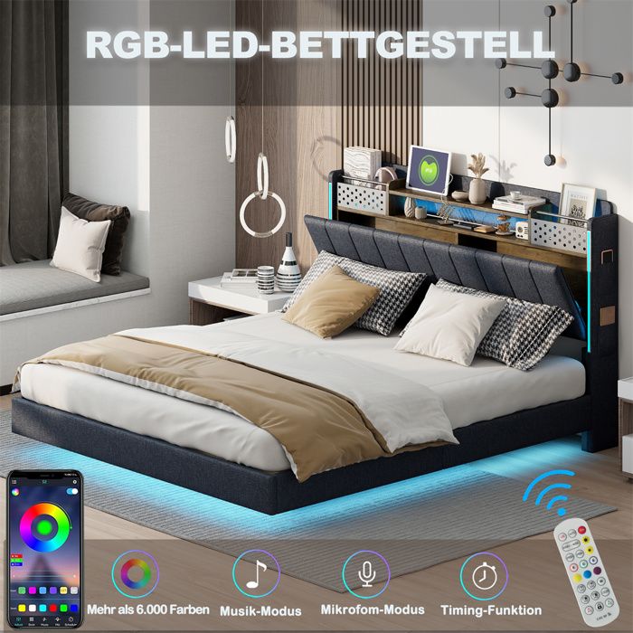 Lit Double pour 2 Place Adulte Ado avec Sommier Lit 140x200 avec éclairage LED et Ports USB Tête de Lit avec Rangement Gris Lin