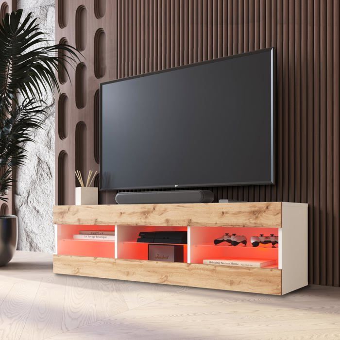 Meuble TV Tivoli RTV Komodee - LED RVB - Bois Naturel et Blanc - Facades en Mat - 140 x 41 x 35 cm Meuble TV Tivoli RTV Komodee - LED RVB - Bois Naturel et Blanc - Facades en Mat - 140 x 41 x 35 cm