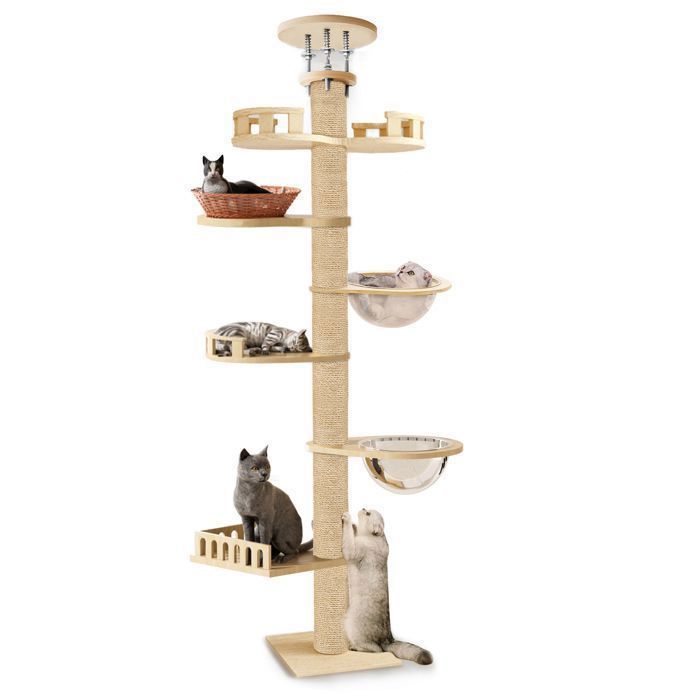 Arbre à chat Extérieur Intérieur Hauteur réglable 6 niveaux enveloppé de chanvre 305*34cm Moderne et élégant couleur du bois