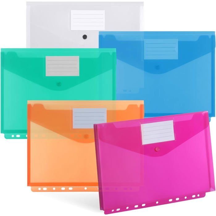 DATEFUN 20 Pochette Plastique A4 Tridimensionnelle Avec Bouton Pression Et 11 Trous - 5 Couleurs - Imperméable