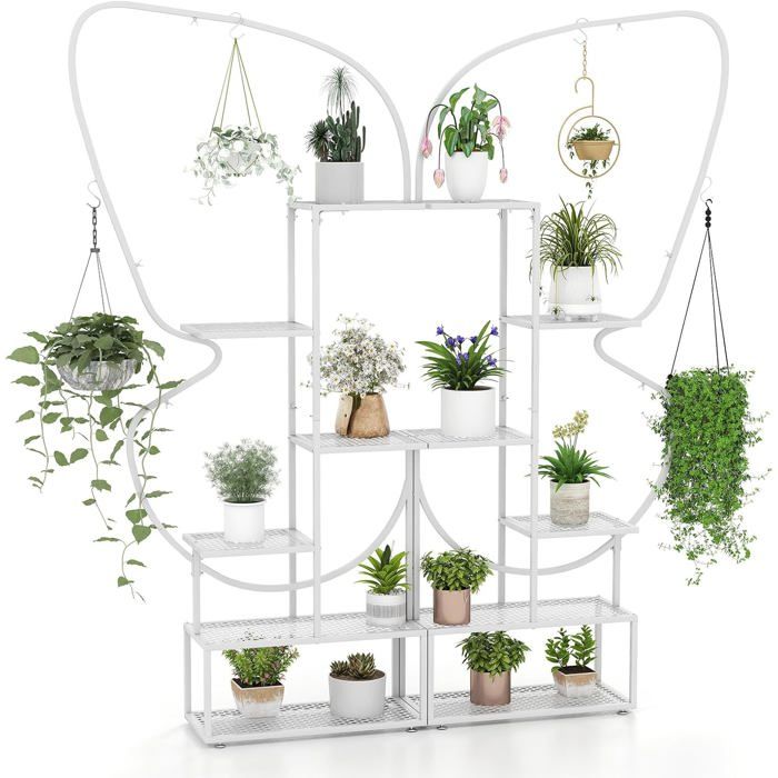 Porte-Plante à 6 Niveaux 185cm COSTWAY 12 Tablettes en Métal 4 Crochets Étagère dExposition Forme Papillon pour Intér Extér Blanc