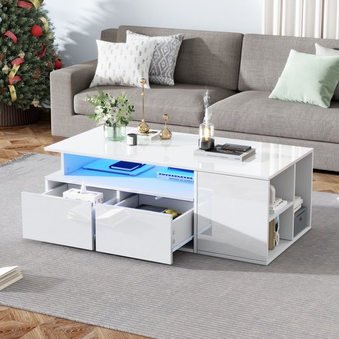Table basse salon LED 2 Tiroirs et 3 Rangements Ouverts Canapé Table Style Moderne 100x50x35 cm Blanc brillant