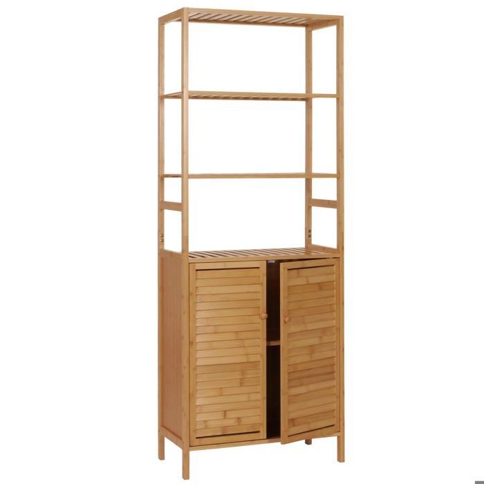 Armoire haute MCW-B18 2 portes 4 étagères Bambou MDF 168x64x33cm