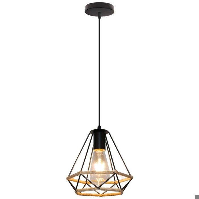 Lustre suspension - SMOTOP - Cage diamant Ø20 cm - Noir - Corde de chanvre réglable