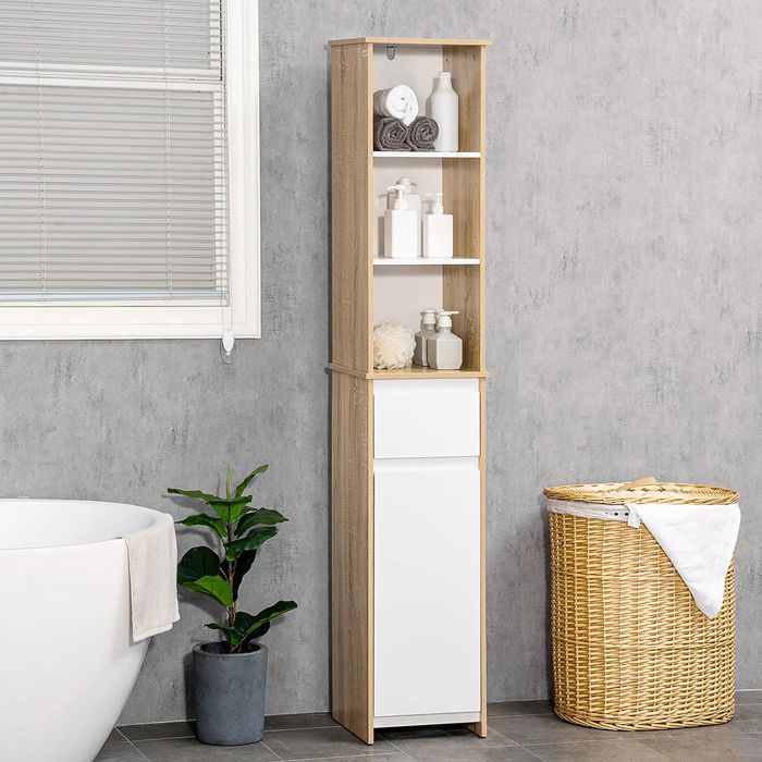 Meuble colonne salle de bain style cosy - 3 niches + tiroir + placard - aspect chêne clair Blanc Meuble colonne salle de bain style cosy - 3 niches + tiroir + placard - aspect chêne clair Blanc