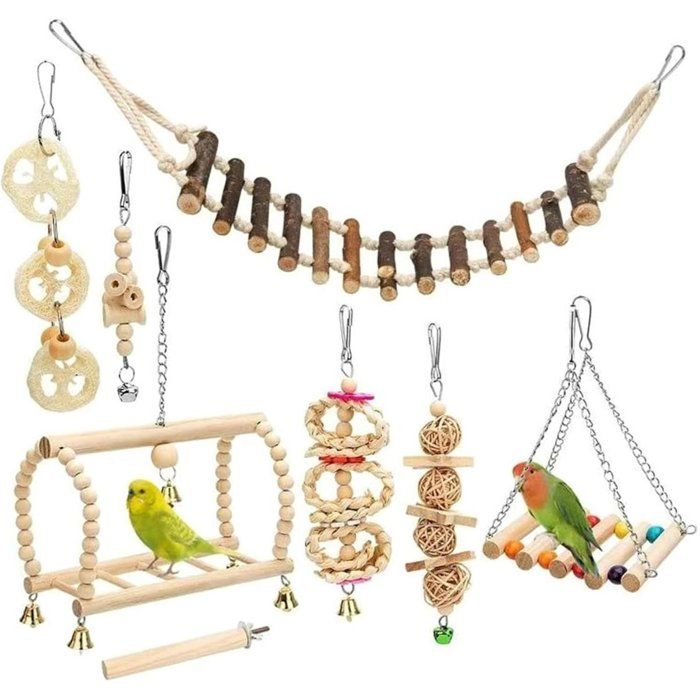 Jouets pour oiseaux - Ensemble de jouets pour perroquets - Ensemble de 8 pièces - Bois naturel - Comprend une balançoire un bloc à
