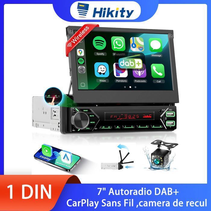 Autoradio 1 Din DAB+ à écran motorisé escamotable 7 -CarPlay Sans FilMirror LinkBluetoothmicrocaméra de recul