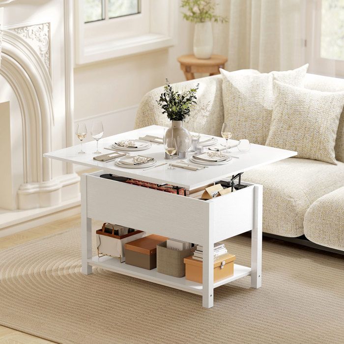 Table basse relevable et extensible table de salon avec compartiment caché étagère ouverte 100x45x505cm blanc