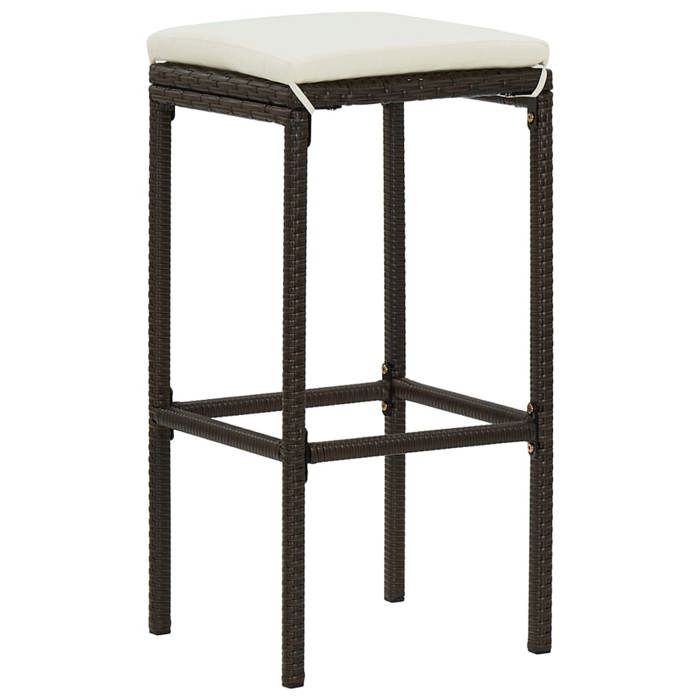Tabourets de bar en résine tressée - CLARENCE - Lot de 6 - Marron - Coussins blanc cassé - 38x38x76 cm