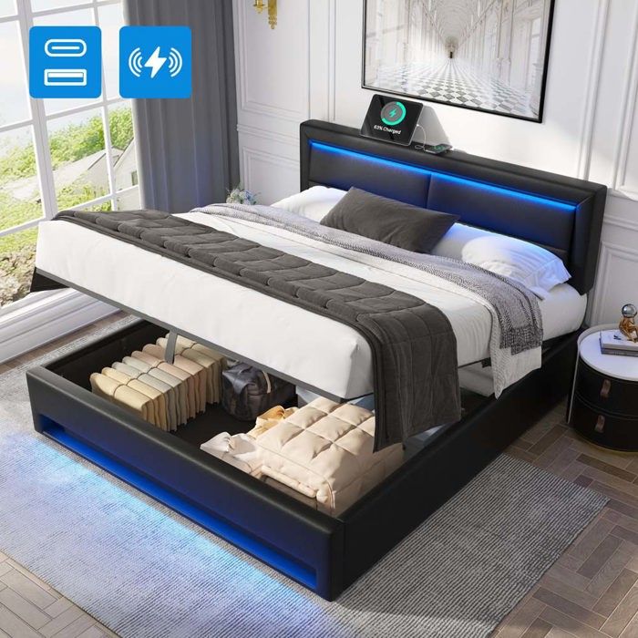Lit coffre - 140 x 200 cm - Ports USB-C (filaire & sans fil) - Éclairage LED 12 couleurs - Sommier à lattes